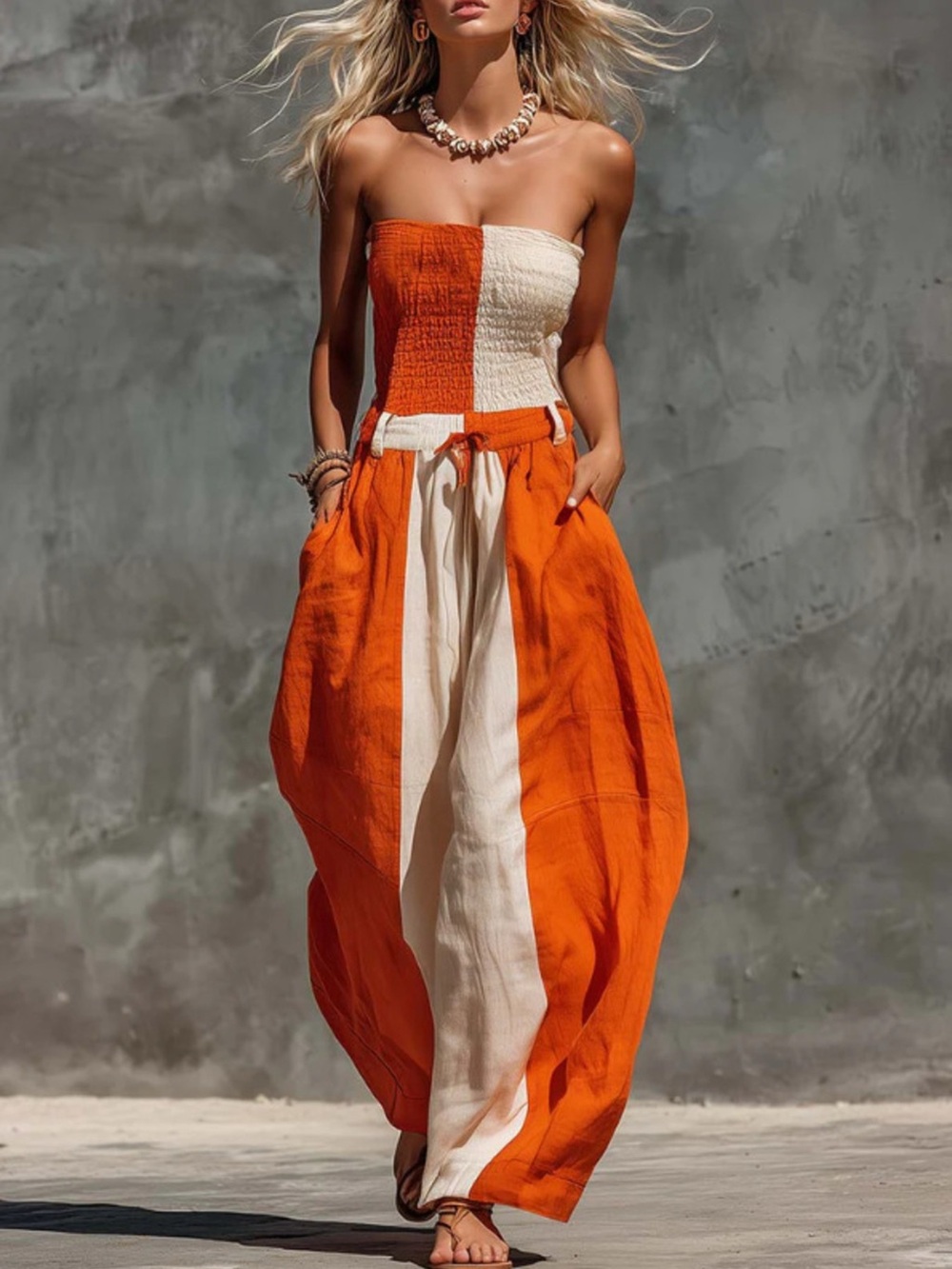 Color-Block Strapless Smocked Jumpsuit